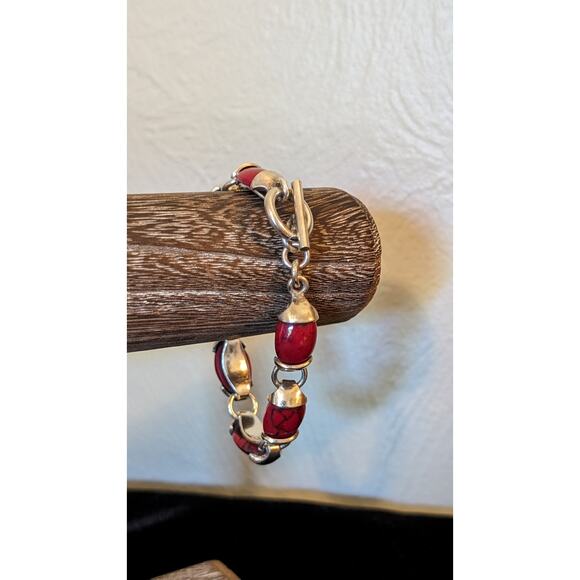 Mexican Red Jasper 925 Sterling Silver Toggle Bracelet - Picture 10 of 11